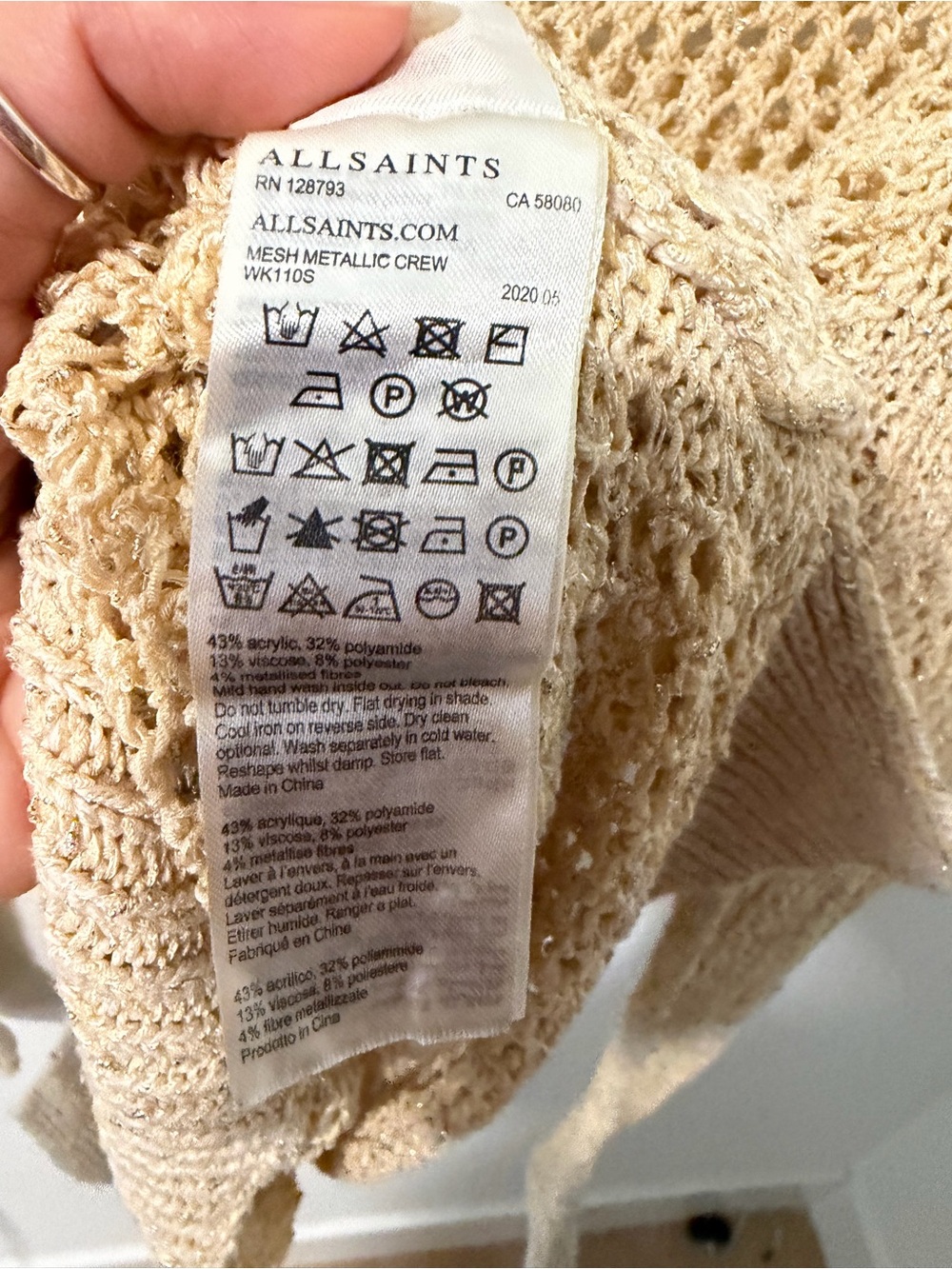 AllSaints Mesh Metallic Crew Sweater Sz S Transitional Quiet Luxury Minimalist - Picture 9 of 12